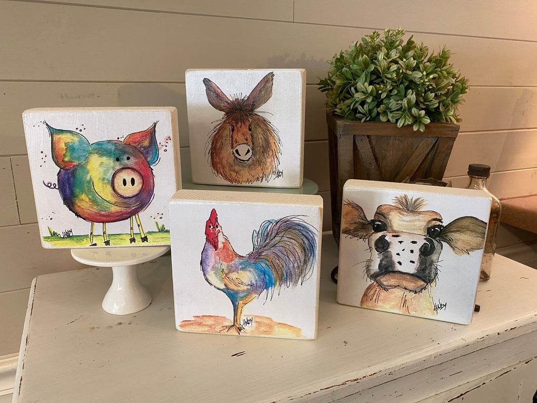 Set of 4 Watercolor & Ink Farm Animal Wood Block Prints