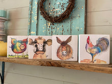 Load image into Gallery viewer, Set of 4 Watercolor &amp; Ink Farm Animal Wood Block Prints
